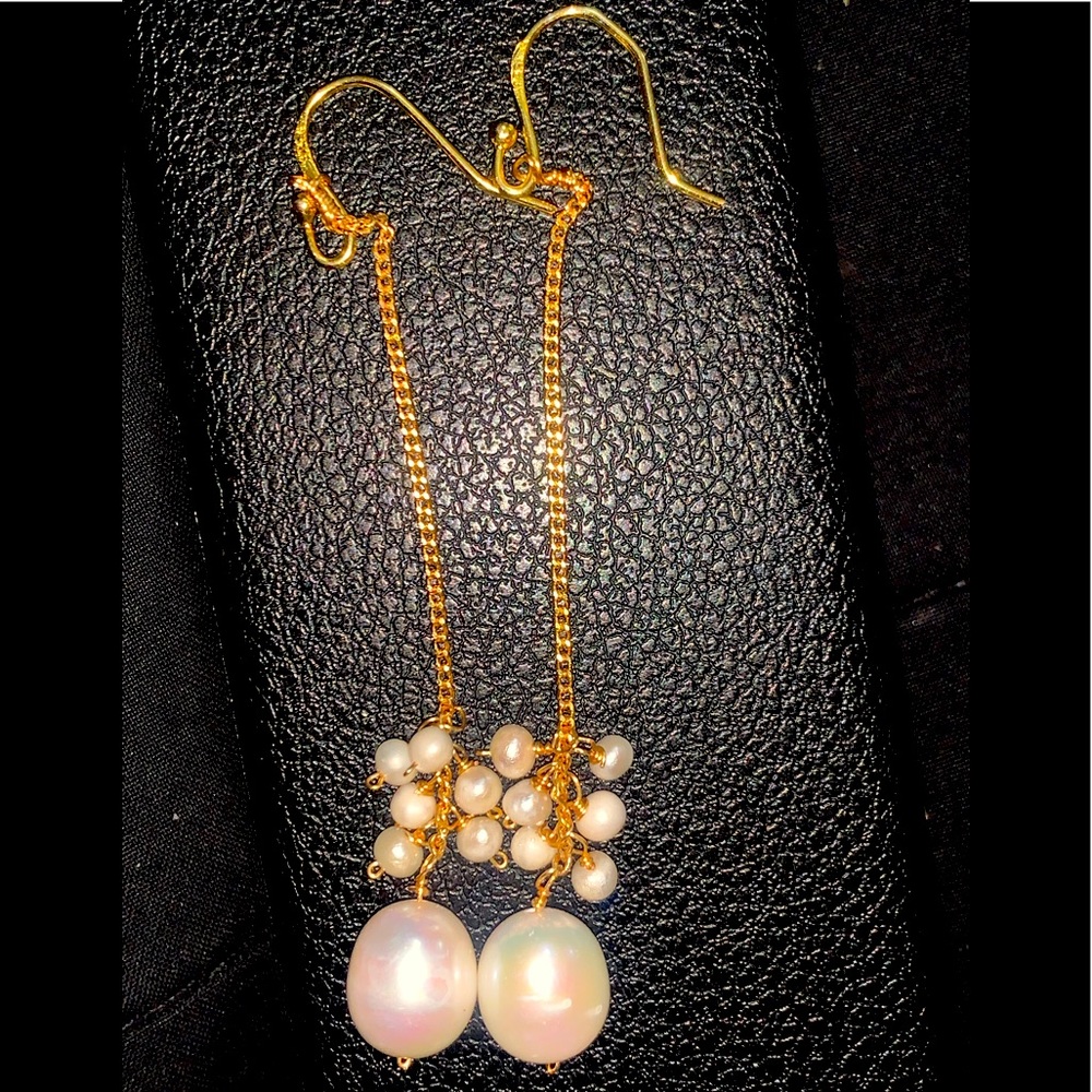 Top quality 18k gold plated non allergic dangling genuine freshwater pearl earin